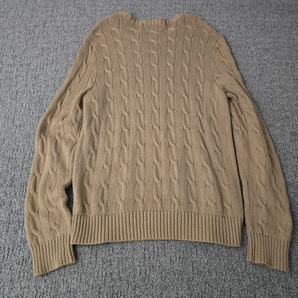VTG Polo Ralph Lauren Mens L Cable Knit Sweater Tan 100% Cotton Crewneck Preppy